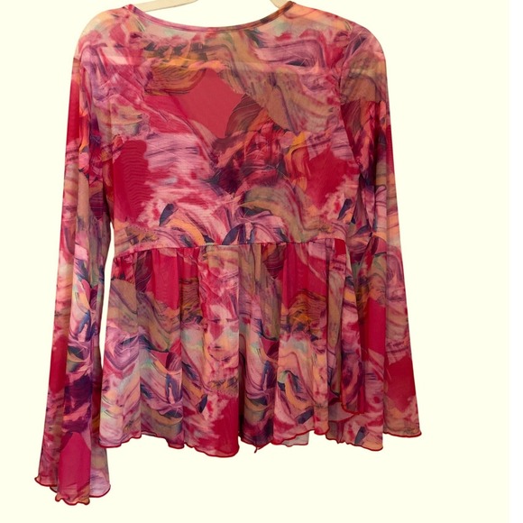 Pink Printed Sheer Mesh Flare Sleeve Fairy Babydoll Top Shein Size L - Picture 2 of 7